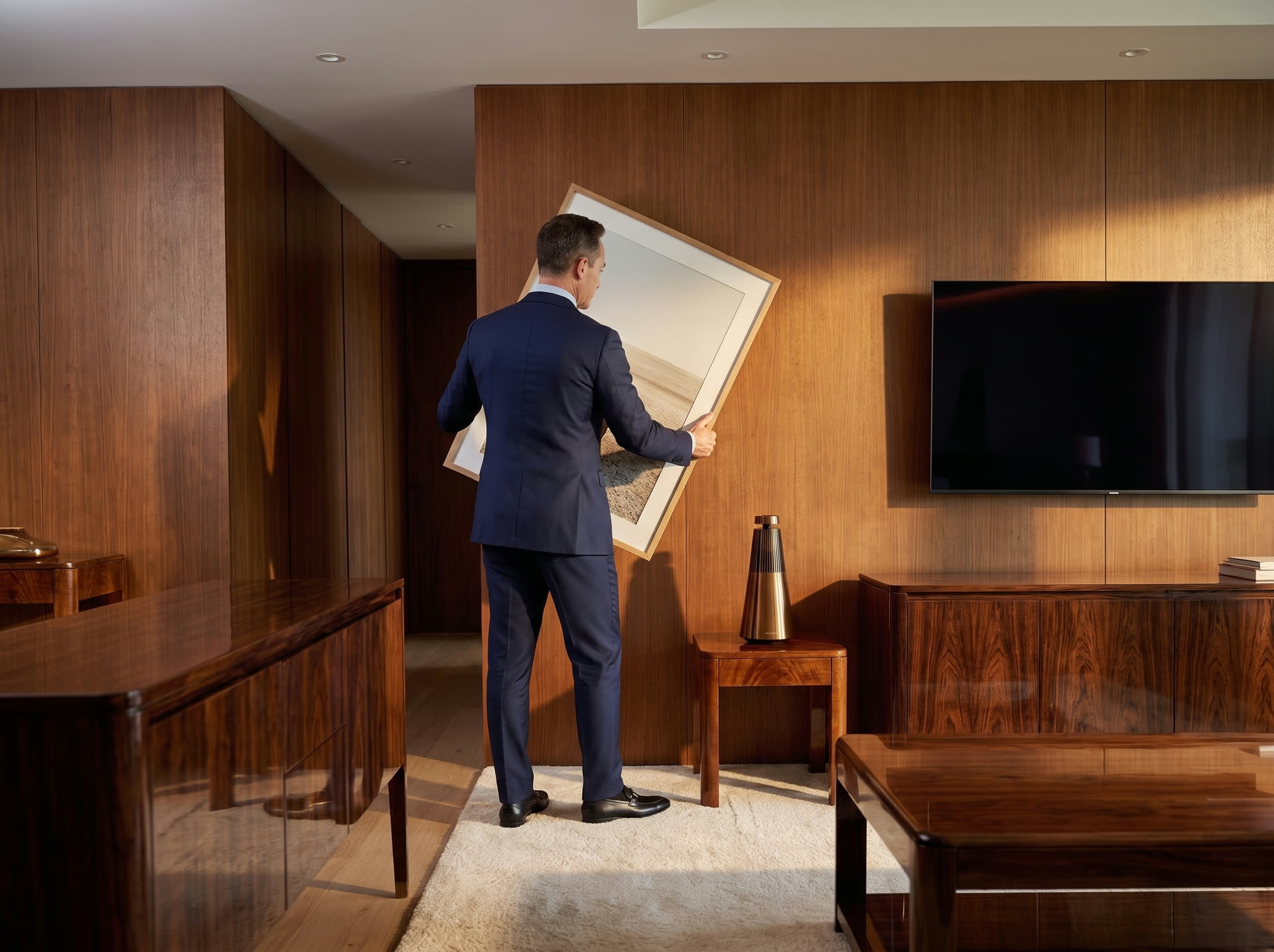 James Driver hanging artwork in a timber-panelled Bayside home